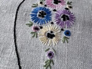 Vintage Hand Embroidered Linen Table Runner, Floral Cottagecore Linen